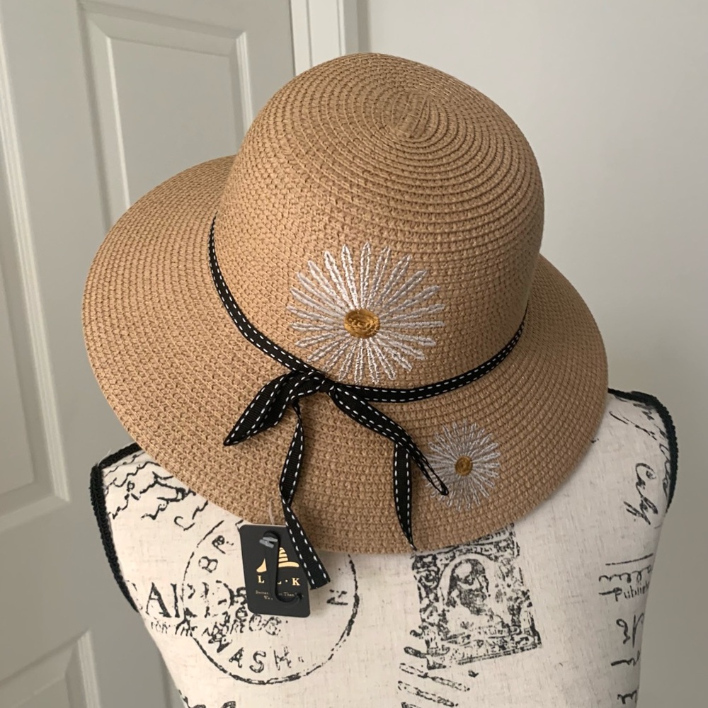 🆕 Boutique Elegant Floral Embroidered Tan Sun Bucket Hat with Black Ribbon
